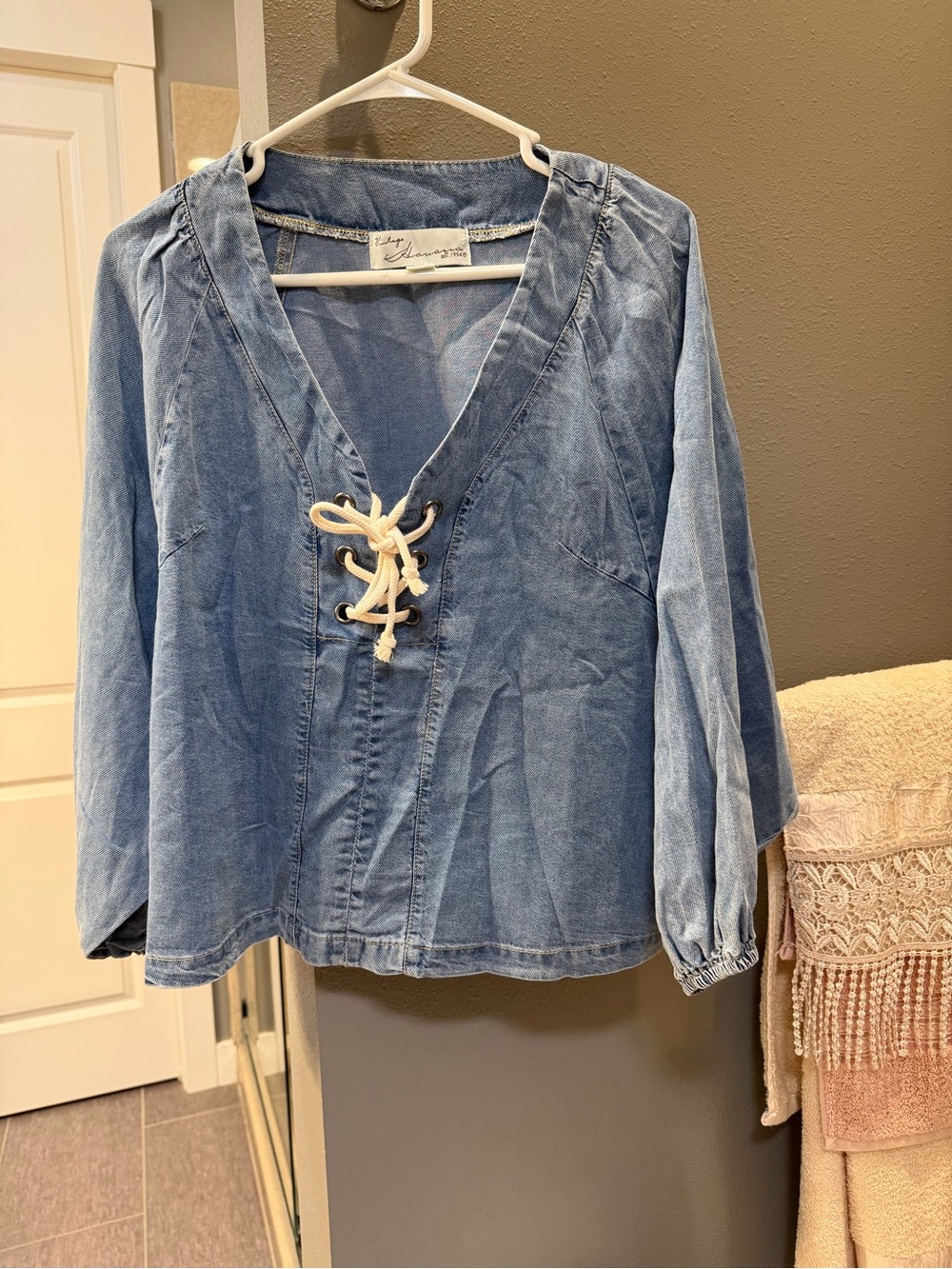 Vintage Havana Light Blue Lace-Up V-Neck Tunic NWOT